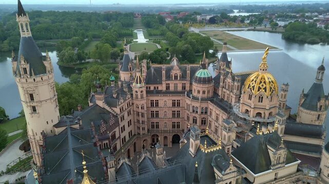 Aerial drone view of Schwerin Castle, Schloss Schwerin, in Schwerin Germany. Neo-Renaissance castle on an island.