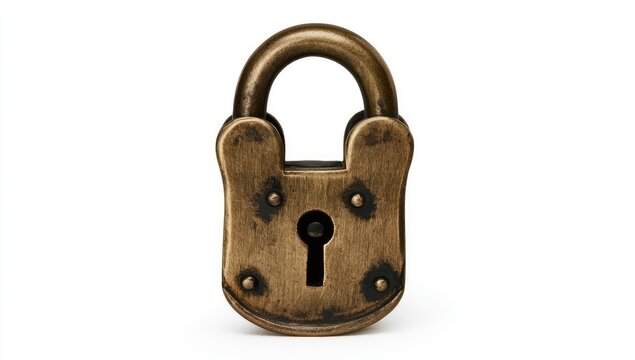 Antique Brass Padlock Isolated on White Background.