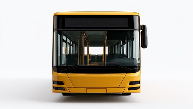 Front View of a Modern Yellow City Bus on a White Background.