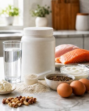 Protein supplement powder with salmon, eggs, yogurt, nuts and grains on kitchen counter