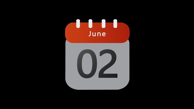 Minimalist calendar showing the date of june 2nd isolated on a solid black background, featuring a red header and grey page with bold dark typography for a clean digital
