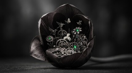Obraz premium Steampunk inspired mechanical clockwork inside a black tulip flower
