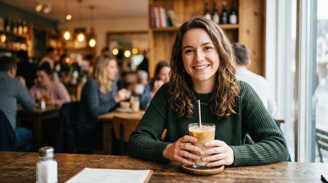 Smiling woman coffee shop casual clothing wooden table natural light young adult cold coffee drinking straw cozy interior window seat urban cafe daytime beverage female relaxed people social menu
