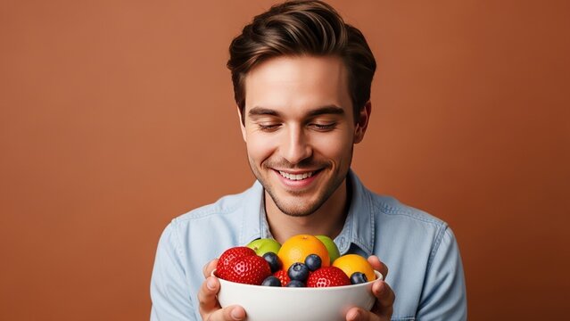 Smiling Man Holding Bowl of Fresh Mixed Fruits, Healthy Eating Concept