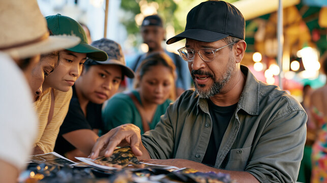 Palm reader at a crowded outdoor market surrounded by Nigerian, Vietnamese, and Peruvian visitors leaning in with curiosity, multicultural audience gathered as metrics of interest, attention, and re