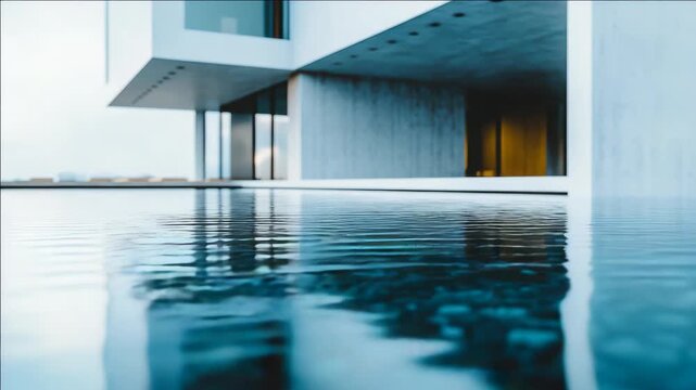A serene pool reflecting the modern architecture of a building with clean lines and large windows.