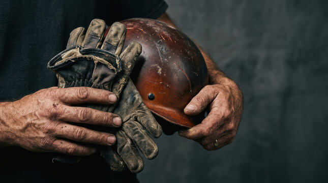 Worker hand dirty glove safety helmet construction tool industrial work manual labor protective gear rough skin hard job workplace safety Worn worker hand holding dirty glove and safety helmet
