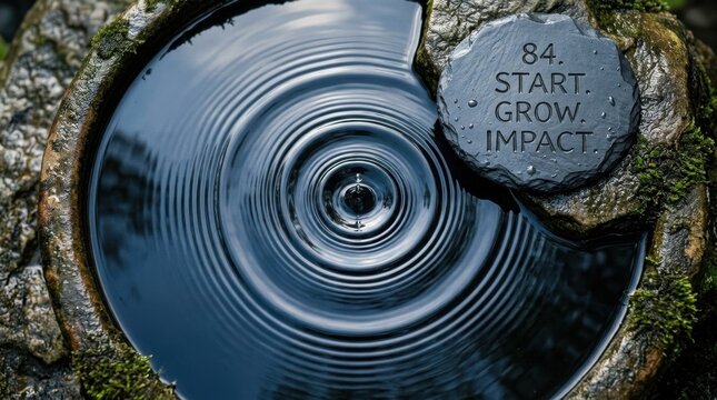 Top-down view of concentric water ripples in a mossy stone basin featuring a dark slate stone engraved with 84 Start Grow Impact text on the basin edge.