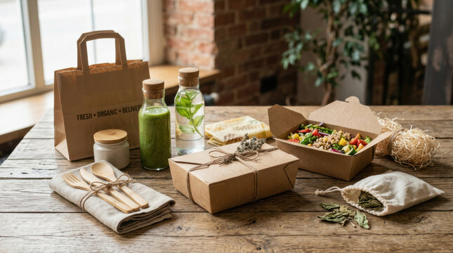 Eco packaging takeaway food wooden cutlery smoothie bottle salad box reusable container brown paper bag glass bottle healthy lunch rustic wooden table, sustainable meal concept with natural