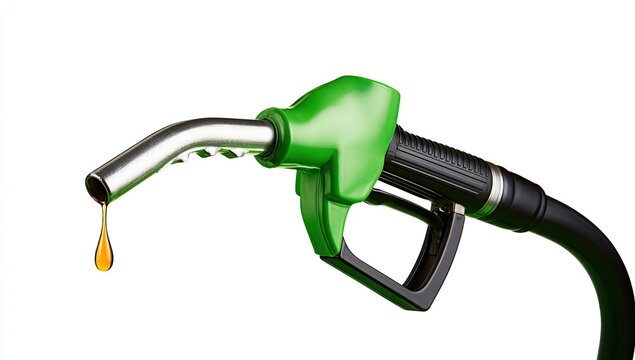 Close-up of a green fuel nozzle with a drop of gasoline falling.