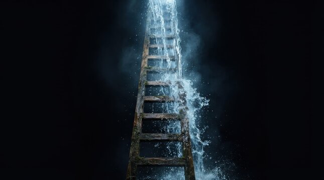 Wooden ladder with pouring water and mist in darkness