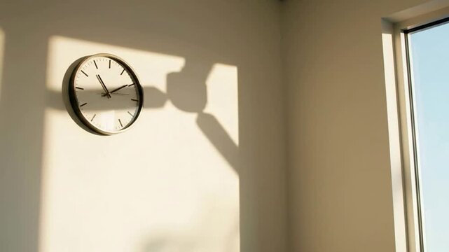 Minimalist Round Wall Clock Hanging on White Wall with Morning Sunlight and Ceiling Fan Shadow for Interior Design Concept