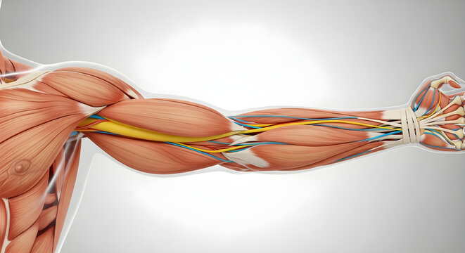 Anatomical model of human arm muscles, veins, arteries and nerves.