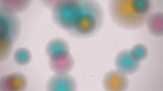 Softly blurred colorful orbs drift across a grey background with horizontal scanline textures.