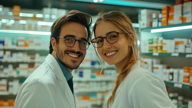 Smiling healthcare professionals in a pharmacy