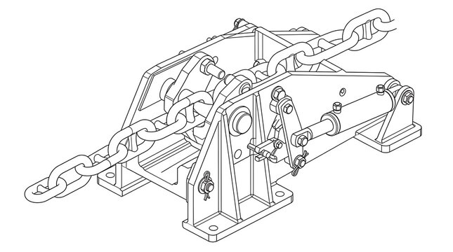 Industrial chain stopper mechanism technical drawing for heavy marine equipment engineering design