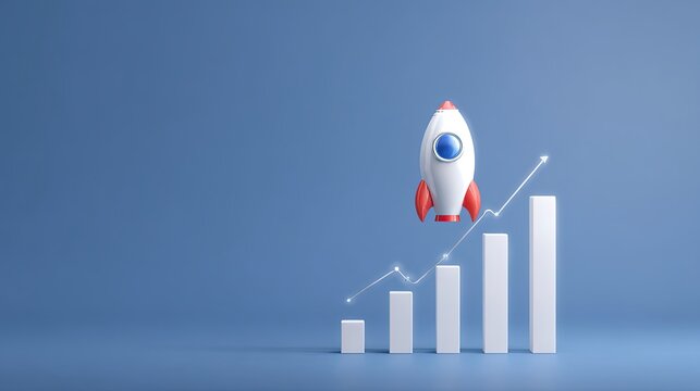 Rocket and chart on blue background business financial start up growth success concept object design 