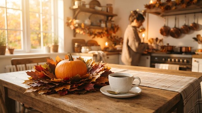Cozy autumn kitchen scene with a pumpkin on a bed of fall leaves and a cup of coffee on a rustic wooden table