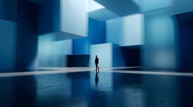 Solitary businessperson walking through blurred modern cityscape reflecting ambition and future