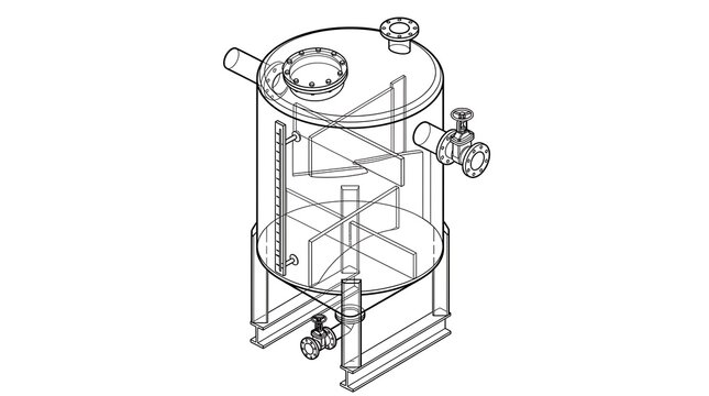 Industrial cylindrical storage tank engineering schematic design with internal baffles