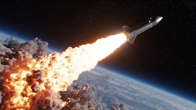 Modern rocket launching into outer space from Earth's orbit with fiery exhaust and smoke