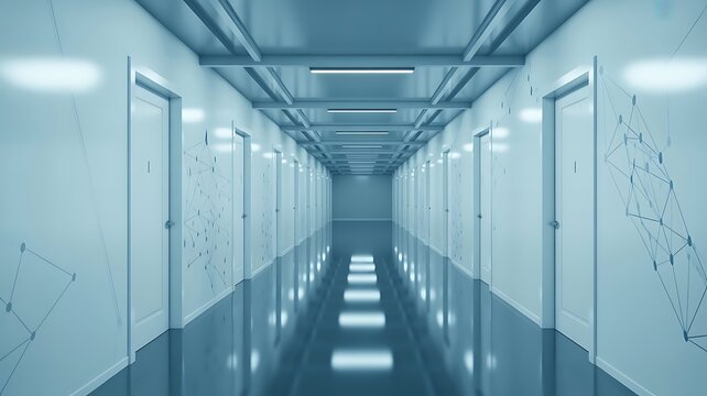 Modern hospital corridor with white doors and abstract geometric network lines on walls, creating a futuristic and clean medical facility interior