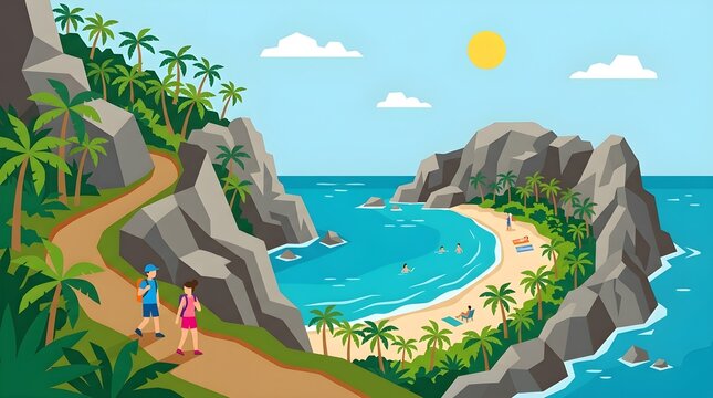 Flat vector illustration of two travelers hiking along a tropical island trail overlooking a secluded beach surrounded by dramatic cliffs, palm trees, and clear blue water.