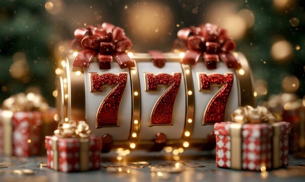 Slot machine showing triple sevens with glitter, surrounded by holiday gift boxes, creating a festive winning atmosphere