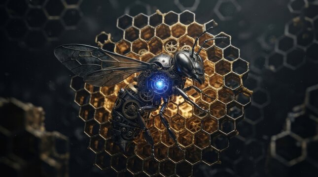 Steampunk mechanical bee with glowing core on honeycomb structure