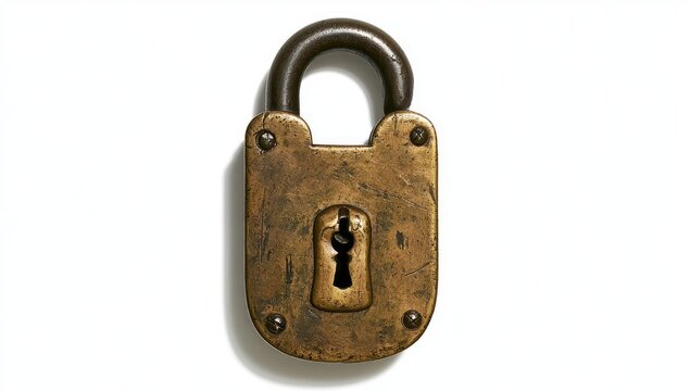 Antique Brass Padlock with Keyhole on White Background.