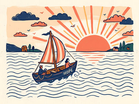 Vintage Hand Drawn Line Art Illustration of Sailboat Named Hope Sailing Toward Sunrise for Journey, New Beginnings, and Freedom Concepts