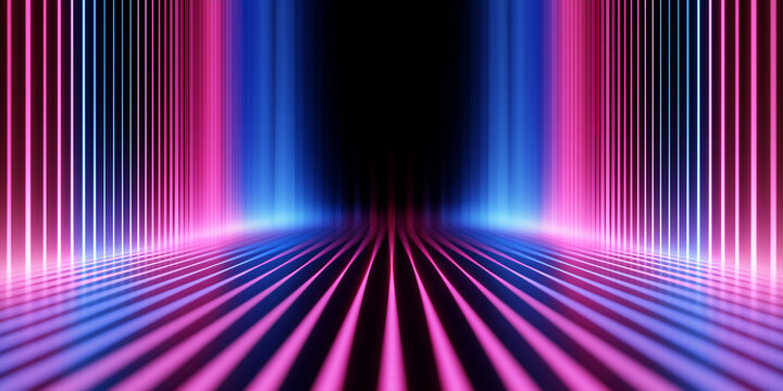 Abstract Neon Pink and Blue Light Tunnel with Perspective Lines