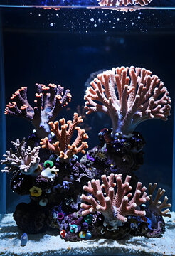 Vibrant coral reef ecosystem with diverse marine life and colorful corals in a saltwater aquarium
