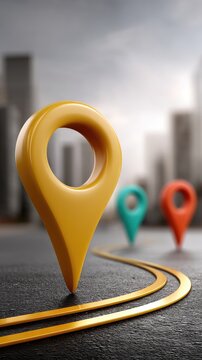 Yellow map pin on asphalt with a curved line connecting to colorful pins in a city setting under natural light