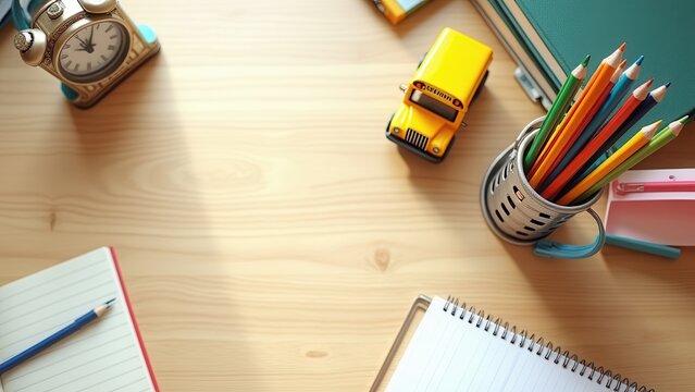 flat lay overhead view of back to school essentials on light oak desk with pencils books toy bus and clock for advertising