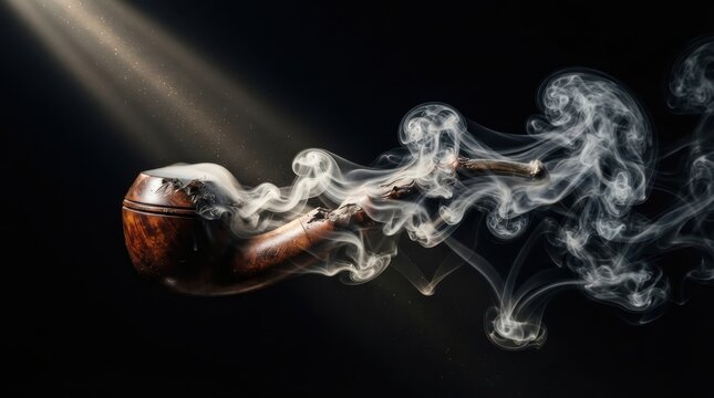 Wooden smoking pipe with swirling smoke in dark setting