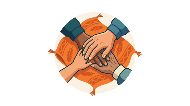 Diverse hands joined in unity over orange patterned fabric