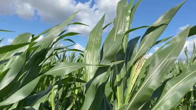 green corn stalks. Lush green cornfield with tall stalks and leaves under a blue sky with white clouds