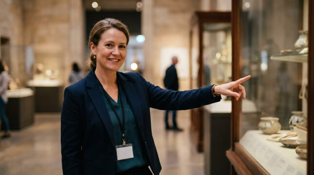 Museum curator points to artifacts in display case smiling at camera