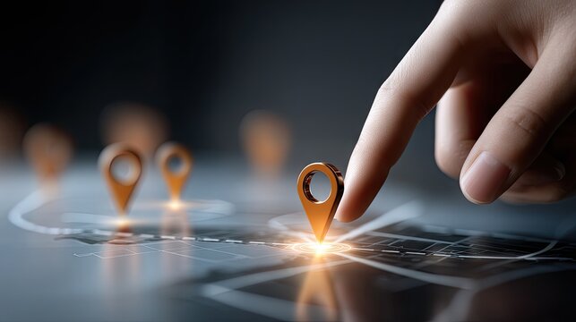 Human finger touches glowing map pin on digital map with dashed lines and blurred pins in studio setting