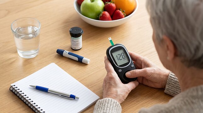 Elderly woman checking blood glucose levels using digital meter with fresh fruit and notebook on wooden table for diabetes management and healthy lifestyle monitor.