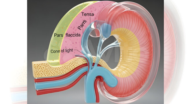 Middle ear cross section with pars flaccida, pars tensa, and cone of light.