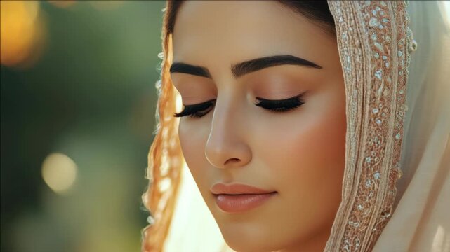 A woman with long eyelashes and a beautiful face, wearing traditional Indian bridal makeup and a veil.