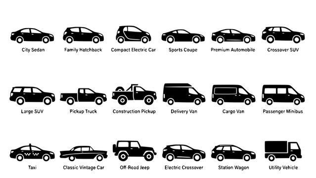 City car and vehicle type icon set with sedan, hatchback, cargo van, pickup truck, minibus and off road vehicle labels