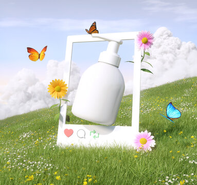 Cosmetic pump bottle mockup in social media photo frame on grassy hill with butterflies
