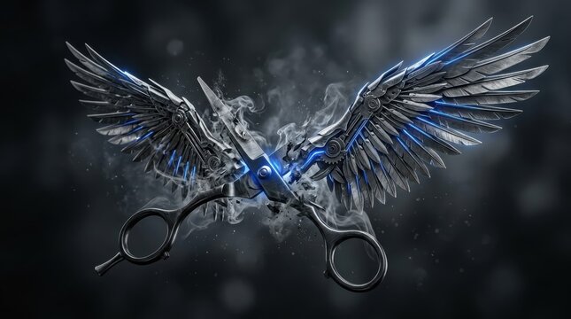 Steampunk scissors with mechanical metal wings and glowing blue energy