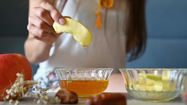 Rosh Hashanah Home Celebration with Apple and Honey, Jewish New Year Holiday Tradition, Shana Tova