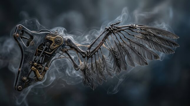 Steampunk mechanical bird wing with feathers and metal gears