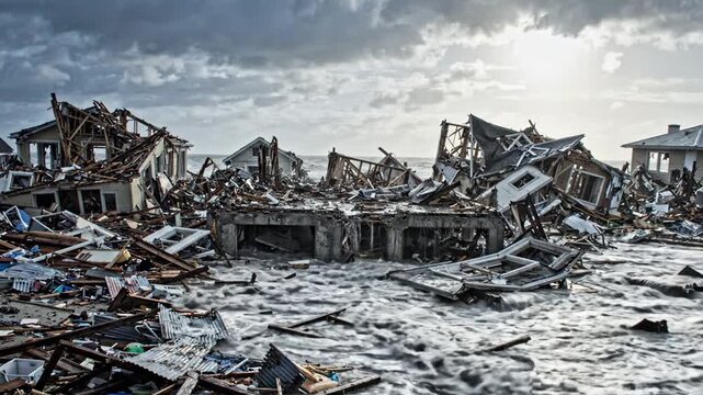 Devastating flood waters destroy residential homes after a major hurricane
