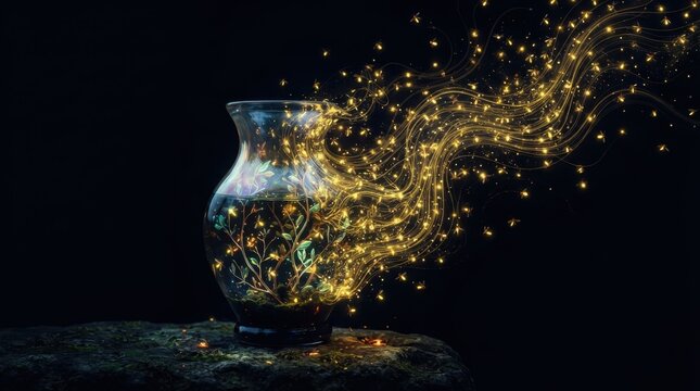 Glass vase with magical glowing golden particles and plants